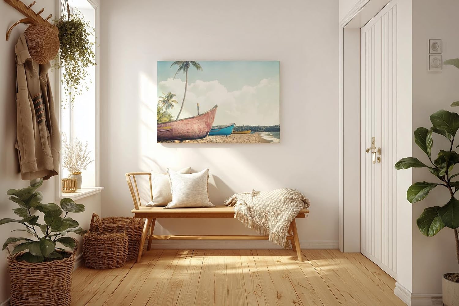 Sinus Art Wandbild 120x80cm Farbige Boote auf Sandstrand mit Palmen und tropischem Himmel im nostalgischen Stil