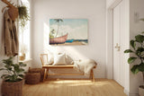 Sinus Art Wandbild 120x80cm Farbige Boote auf Sandstrand mit Palmen und tropischem Himmel im nostalgischen Stil