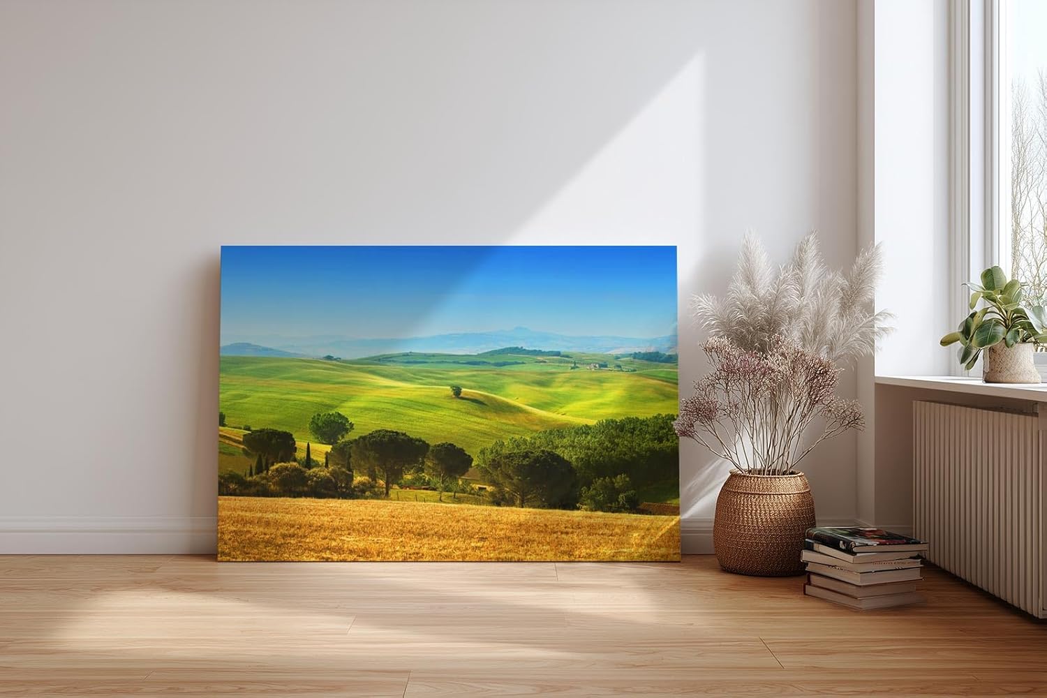 Sinus Art Wandbild 120x80cm Sanfte Hügel der Toskana mit Zypressen und Feldern unter strahlend blauem Himmel