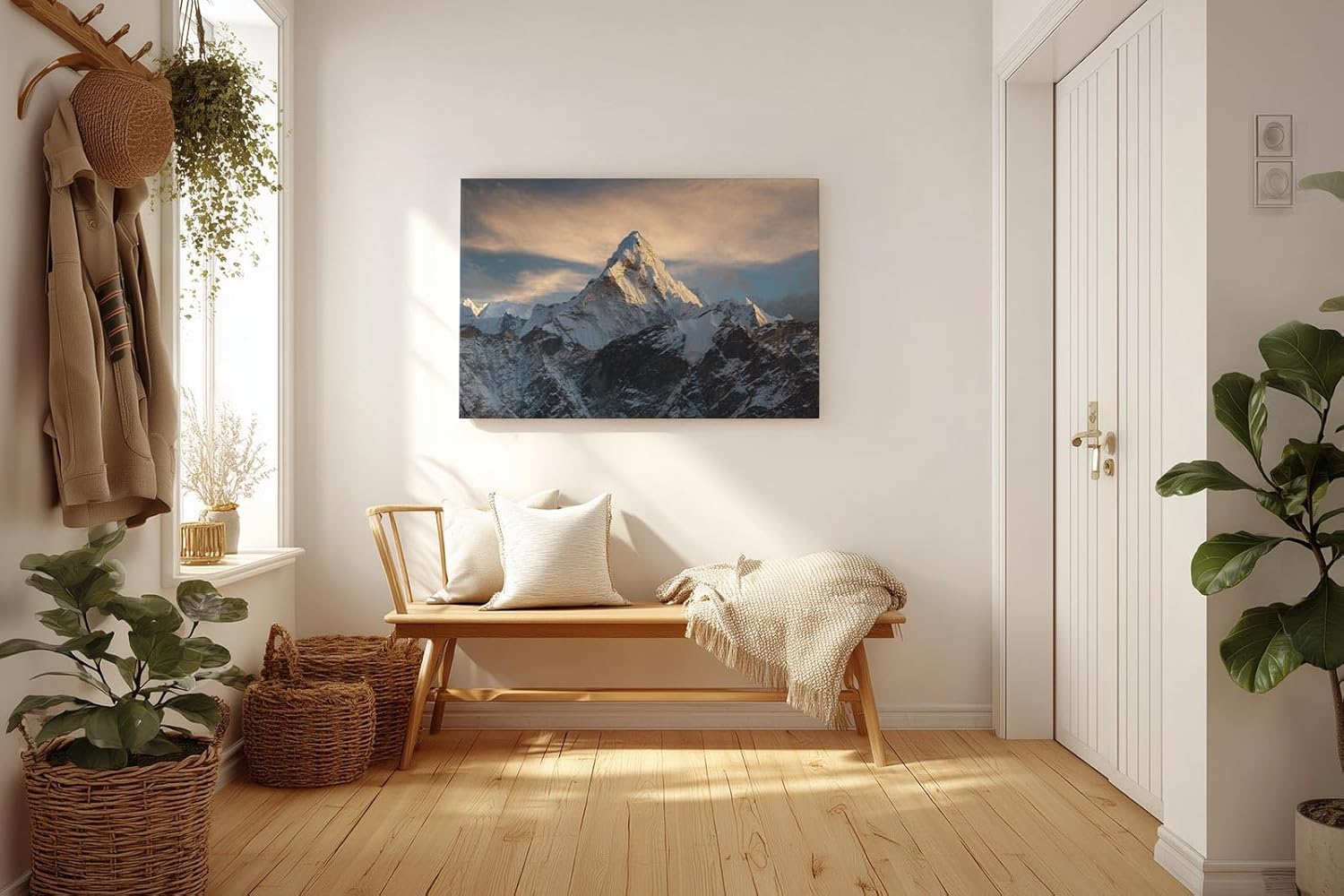Sinus Art Wandbild 120x80cm Massiver schneebedeckter Berg ragt in dramatisches Lichtspiel – eindrucksvoll und still