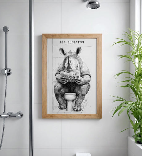 Paul Sinus Poster/Leinwandbild/Rahmenoption – Nashorn auf Toilette „Big Business“ – Lustige WC-Deko für dein Badezimmer