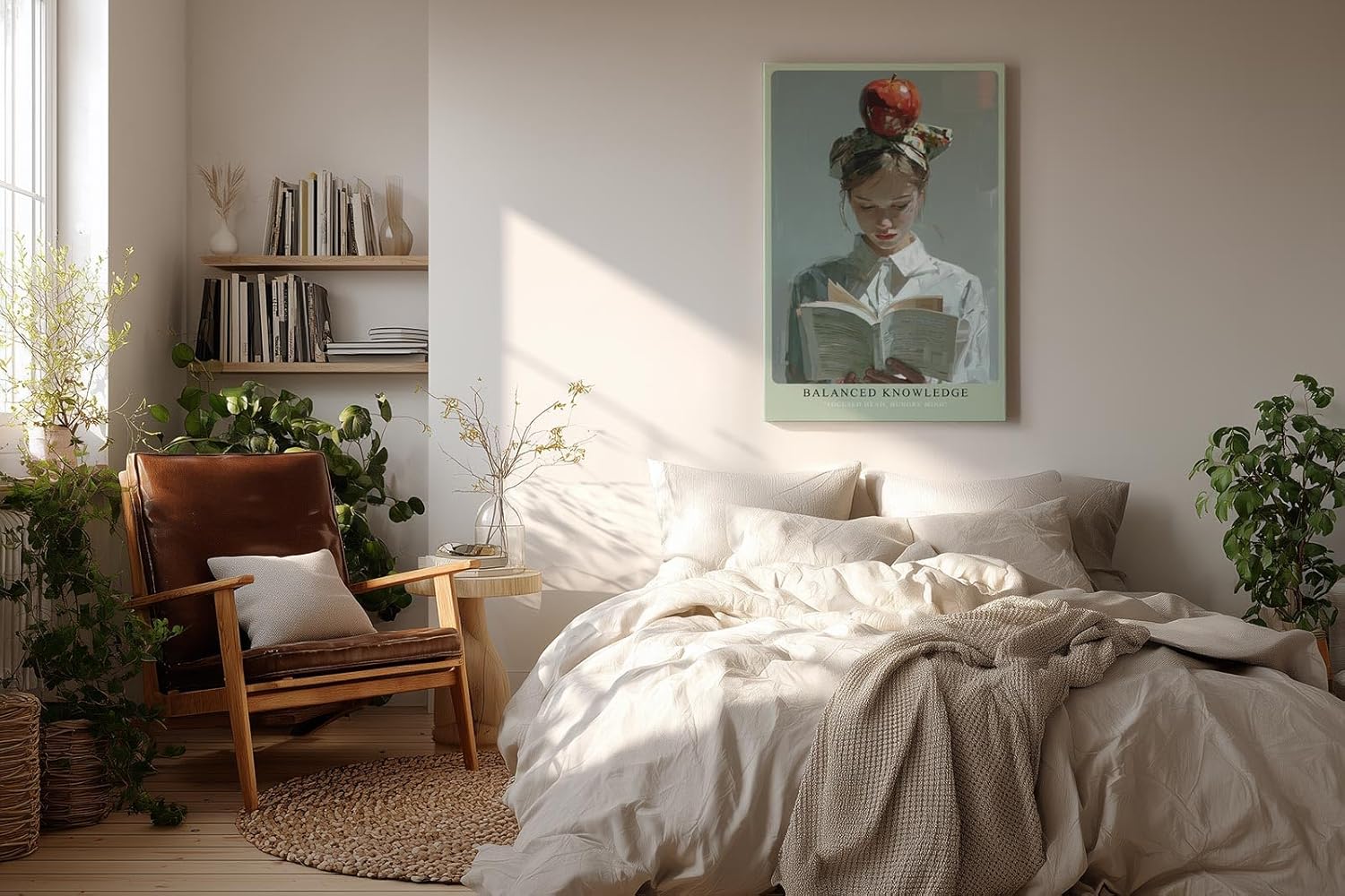 Paul Sinus Wandbild in 40x60cm Balanced Knowledge – Kreatives Porträt einer jungen Frau mit Apfel auf dem Kopf, vertieft ins Lesen, moderne Bilder mit ausdrucksstarker Komposition