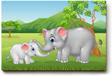 Sinus Art Wandbild 120x80cm Liebevoll gezeichnete Elefantenmutter mit Baby in lebendiger Naturkulisse