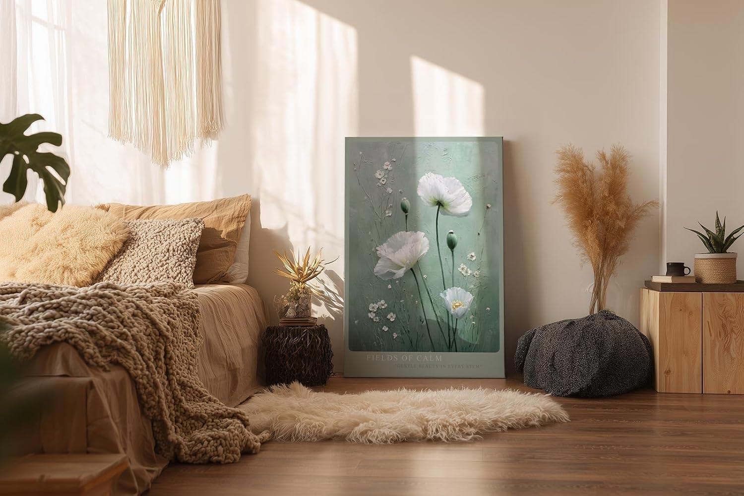 Paul Sinus Wandbild in 40x60cm Fields of Calm – weiße Mohnblumen auf zartgrünem Hintergrund, sanfte florale Kunst mit eleganter Textur