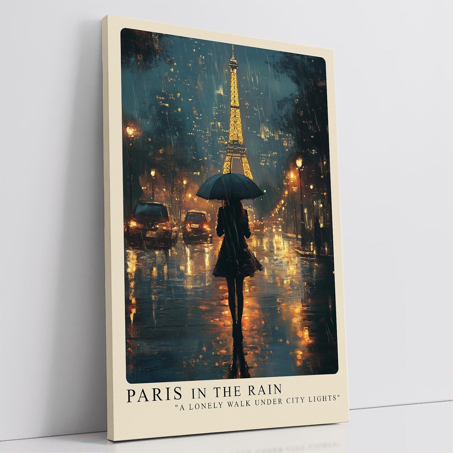 Paul Sinus Leinwandbild 60x90cm Paris im Regen – Romantische Stadtansicht mit Eiffelturm, leuchtenden Lichtern und geheimnisvoller Silhouette