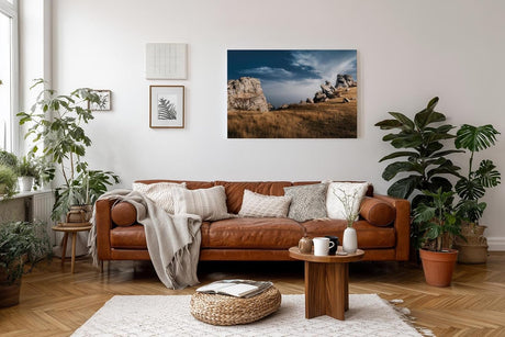 Sinus Art Wandbild 120x80cm Markante Felsformationen unter blauem Himmel in dramatischer Weite