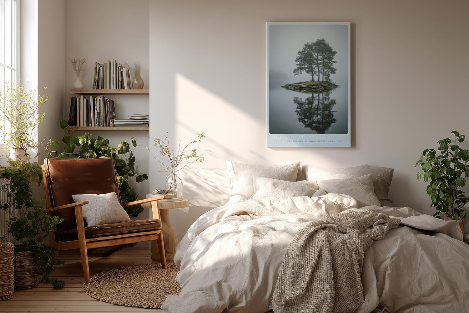 Paul Sinus Wandbild in 40x60cm Island of Stillness – Nebelige Seeinsel mit Baumgruppe, ruhiges Naturmotiv in sanften Grautönen und Spiegelung im Wasser