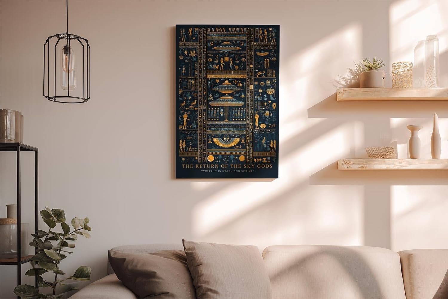 Paul Sinus Wandbild in 40x60cm The Return of the Sky Gods – Goldene und blaue Hieroglyphen mit futuristischen Raumschiffen