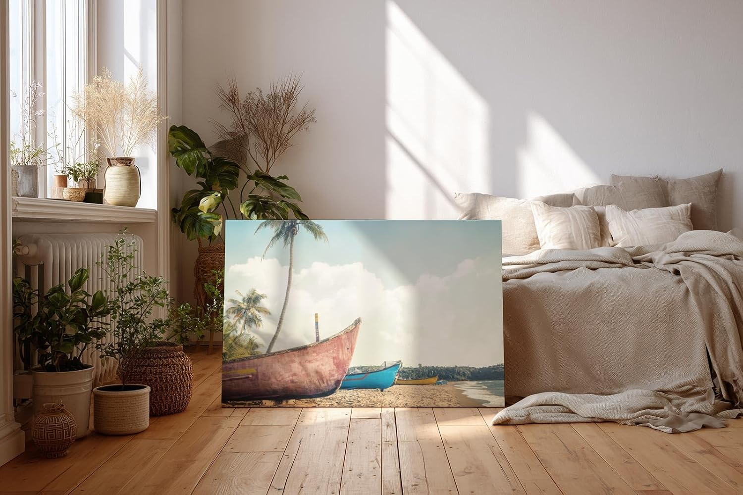 Sinus Art Wandbild 120x80cm Farbige Boote auf Sandstrand mit Palmen und tropischem Himmel im nostalgischen Stil