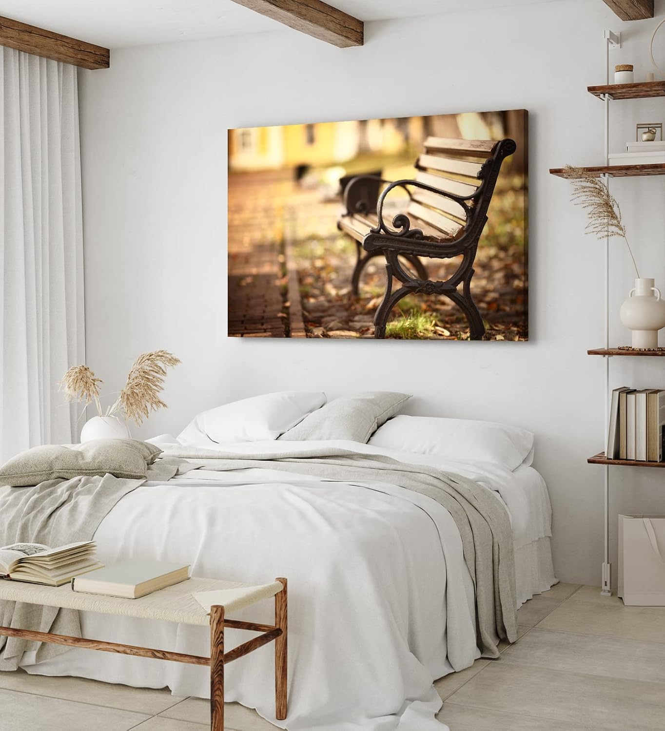 Wandbild 120x80cm Sitzbank Holzbank Park Herbst Sonnenschein