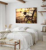 Wandbild 120x80cm Sitzbank Holzbank Park Herbst Sonnenschein