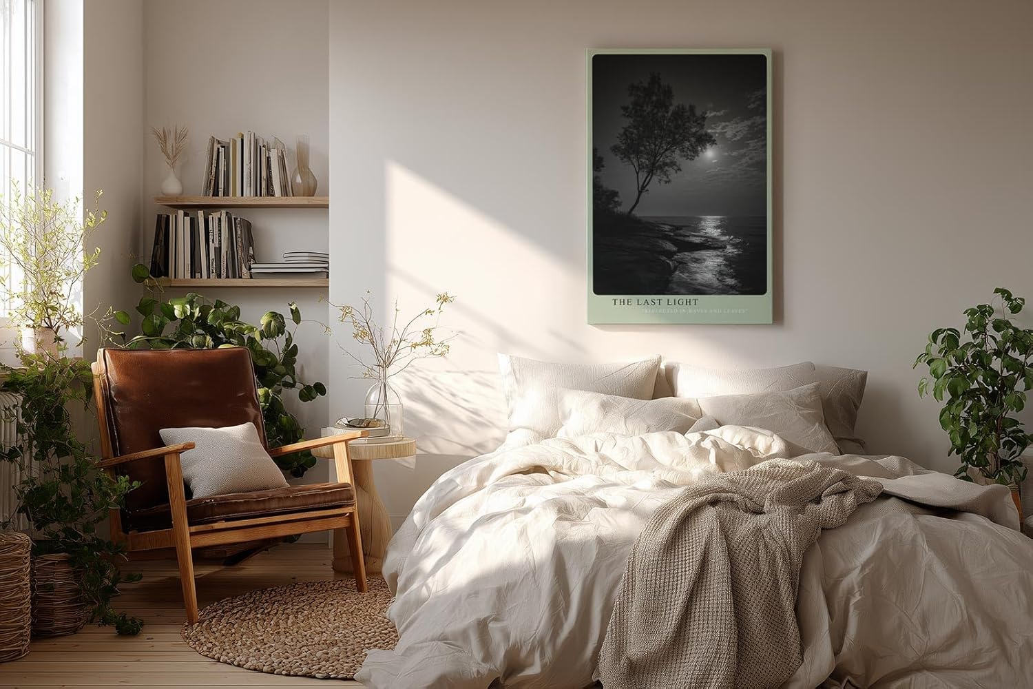 Paul Sinus Wandbild in 40x60cm The Last Light – poetische Schwarz-Weiß-Landschaft mit Baum und reflektierendem Mondlicht auf dem Wasser