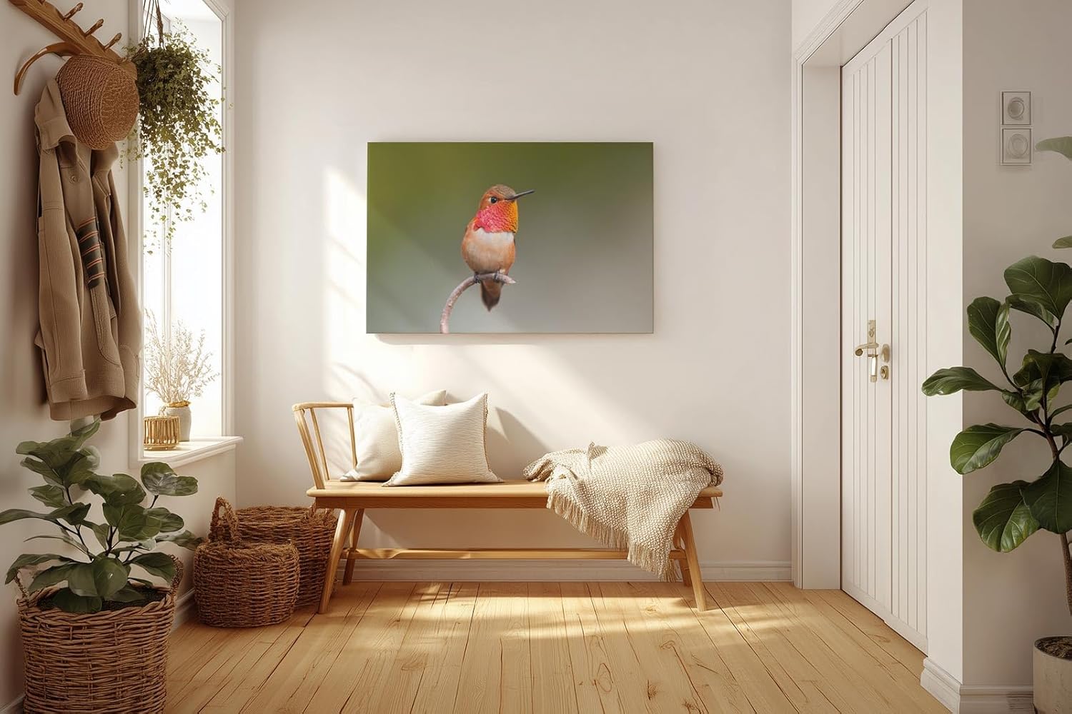 Sinus Art Wandbild 120x80cm Faszinierendes Kolibri-Motiv mit warmen Tönen auf ruhigem Hintergrund für naturnahe Ästhetik