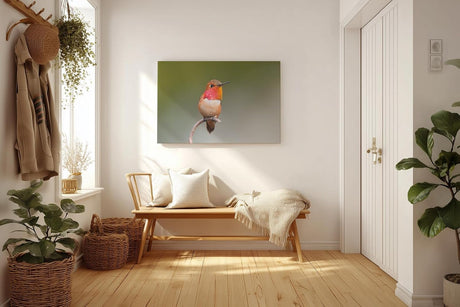 Sinus Art Wandbild 120x80cm Faszinierendes Kolibri-Motiv mit warmen Tönen auf ruhigem Hintergrund für naturnahe Ästhetik