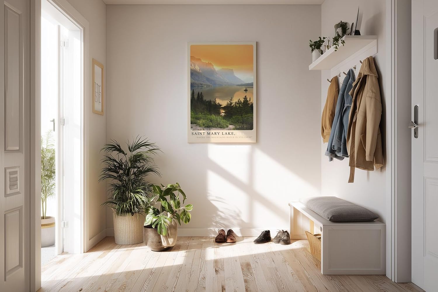 Paul Sinus Kunstdruck 40x60cm Saint Mary Lake USA Sonnenuntergang über Bergsee mit Insel und Kiefernwald