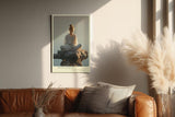 Paul Sinus Wandbild in 40x60cm Inner Temple – Meditatives Porträt einer Frau in weißem Gewand, sitzend auf einem Felsen im Wasser bei sanftem Morgenlicht, moderne Bilder in warmen Tönen