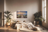 Sinus Art Wandbild 120x80cm Panoramaweg mit Geländer auf Höhenzug im goldenen Abendlicht für weite Raumwirkung