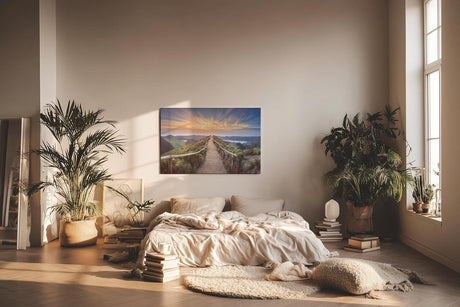 Sinus Art Wandbild 120x80cm Panoramaweg mit Geländer auf Höhenzug im goldenen Abendlicht für weite Raumwirkung