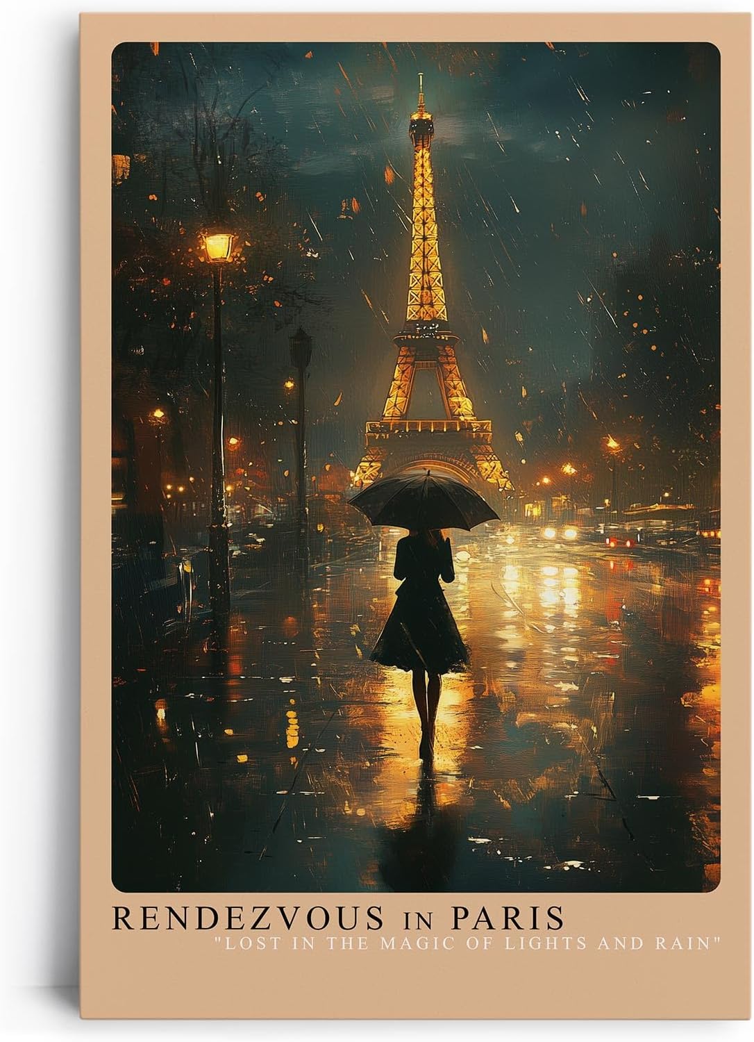Paul Sinus Leinwandbild 60x90cm Rendezvous in Paris – Romantische Nachtaufnahme mit Eiffelturm, Regen und geheimnisvoller Frau unter einem Schirm
