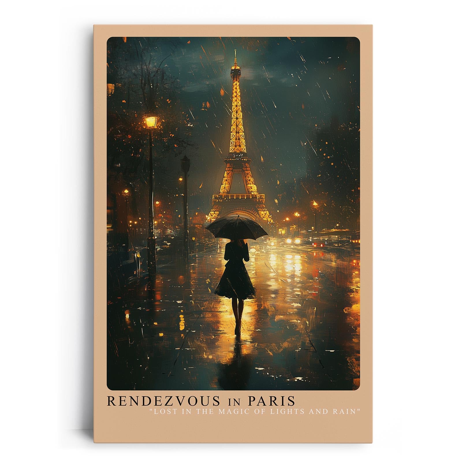 Paul Sinus Leinwandbild 60x90cm Rendezvous in Paris – Romantische Nachtaufnahme mit Eiffelturm, Regen und geheimnisvoller Frau unter einem Schirm