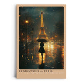 Paul Sinus Leinwandbild 60x90cm Rendezvous in Paris – Romantische Nachtaufnahme mit Eiffelturm, Regen und geheimnisvoller Frau unter einem Schirm