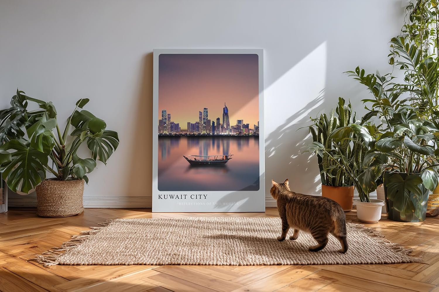 Paul Sinus Kunstdruck 40x60cm Kuwait City bei Sonnenuntergang – Skyline mit traditionellem Boot auf ruhigem Wasser