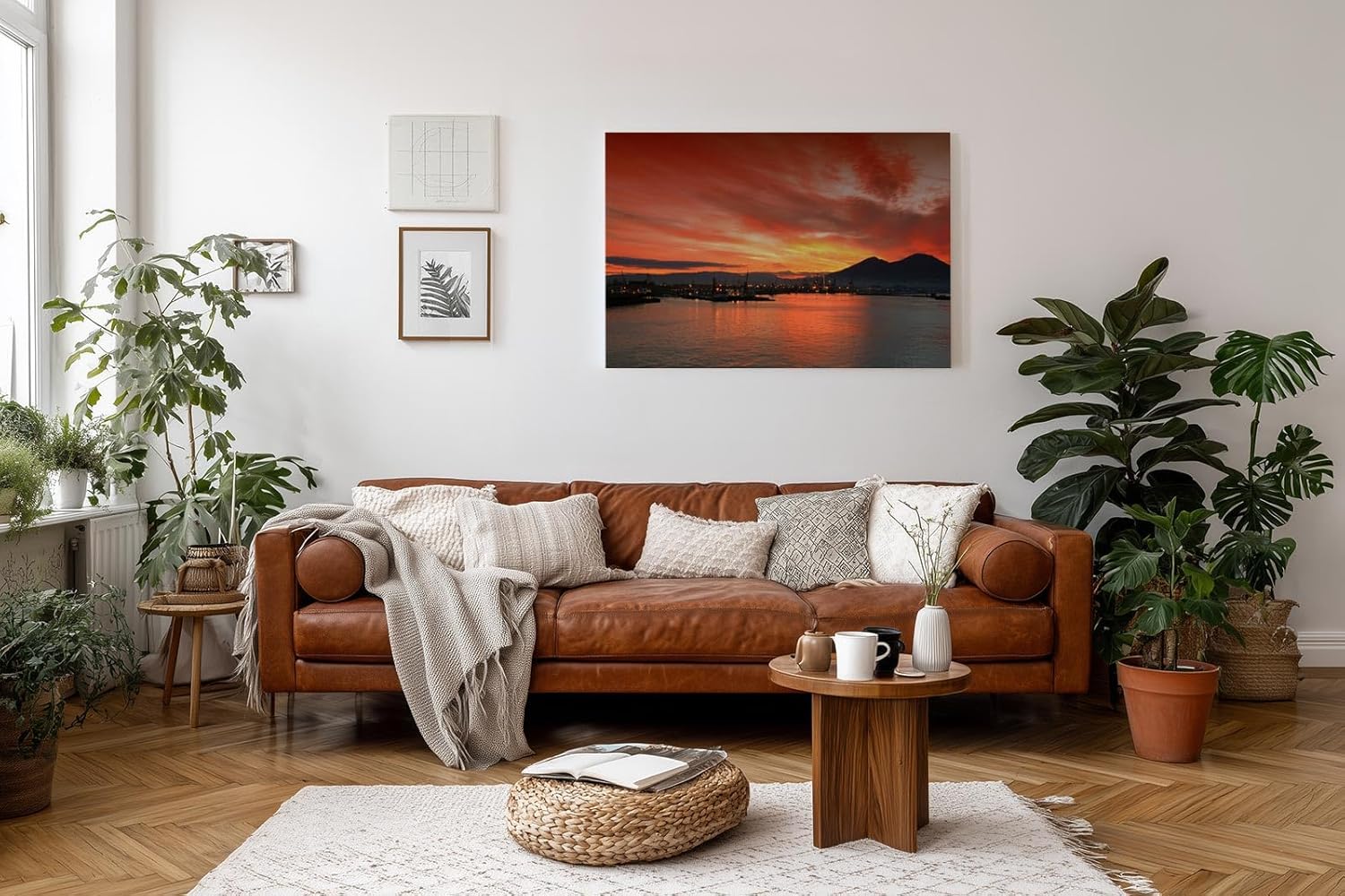 Sinus Art Wandbild 120x80cm Atmosphärisches Hafenszenario mit Silhouetten und leuchtendem Himmel über markanter Vulkanform