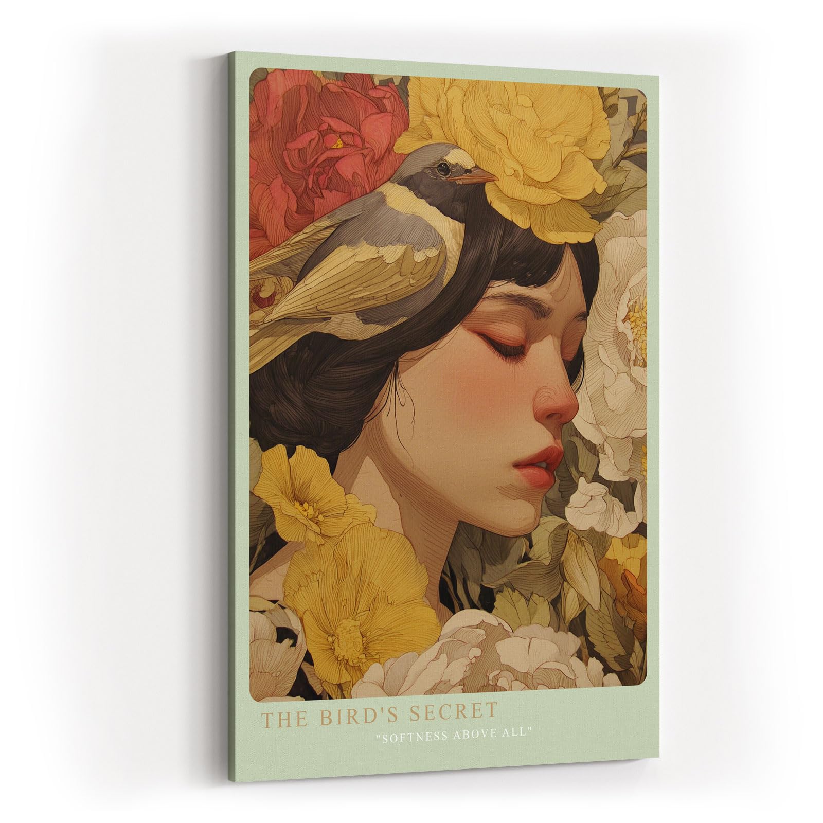 Paul Sinus Wandbild in 40x60cm The Bird's Secret – Poetisches Porträt einer Frau mit Vogel und floraler Umrahmung in sanften Farbtönen