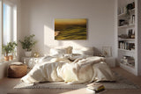 Sinus Art Wandbild 120x80cm Wellenartige Hügel im goldenen Licht der untergehenden Sonne mit weitem Horizont