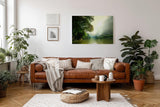 Sinus Art Wandbild 120x80cm Stimmungsvoller Flusslauf im Tal mit Sonnenaufgang und dichter Vegetation