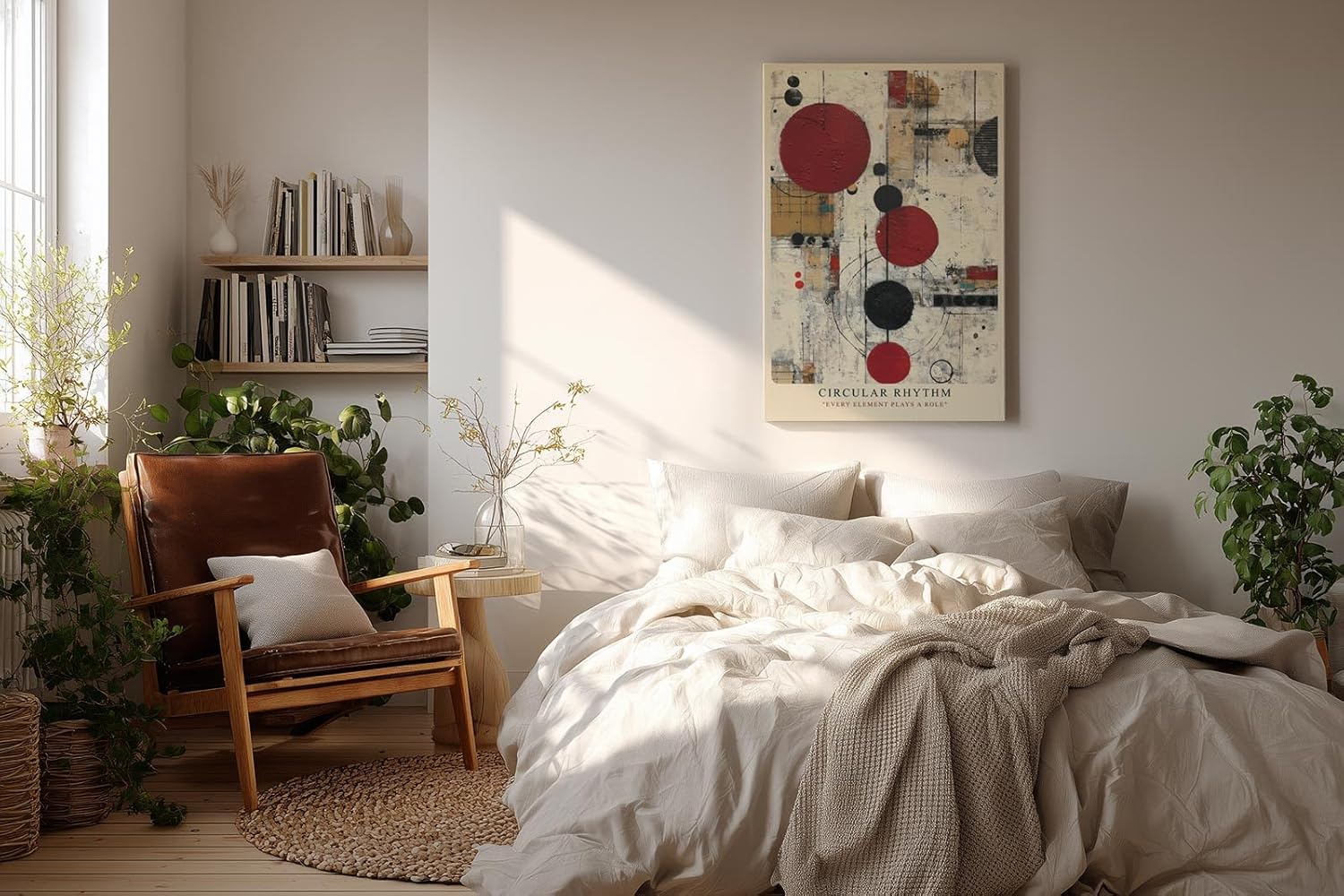 Paul Sinus Wandbild in 40x60cm Circular Rhythm – Geometrische Komposition aus roten, schwarzen und goldenen Kreisen mit strukturiertem Hintergrund