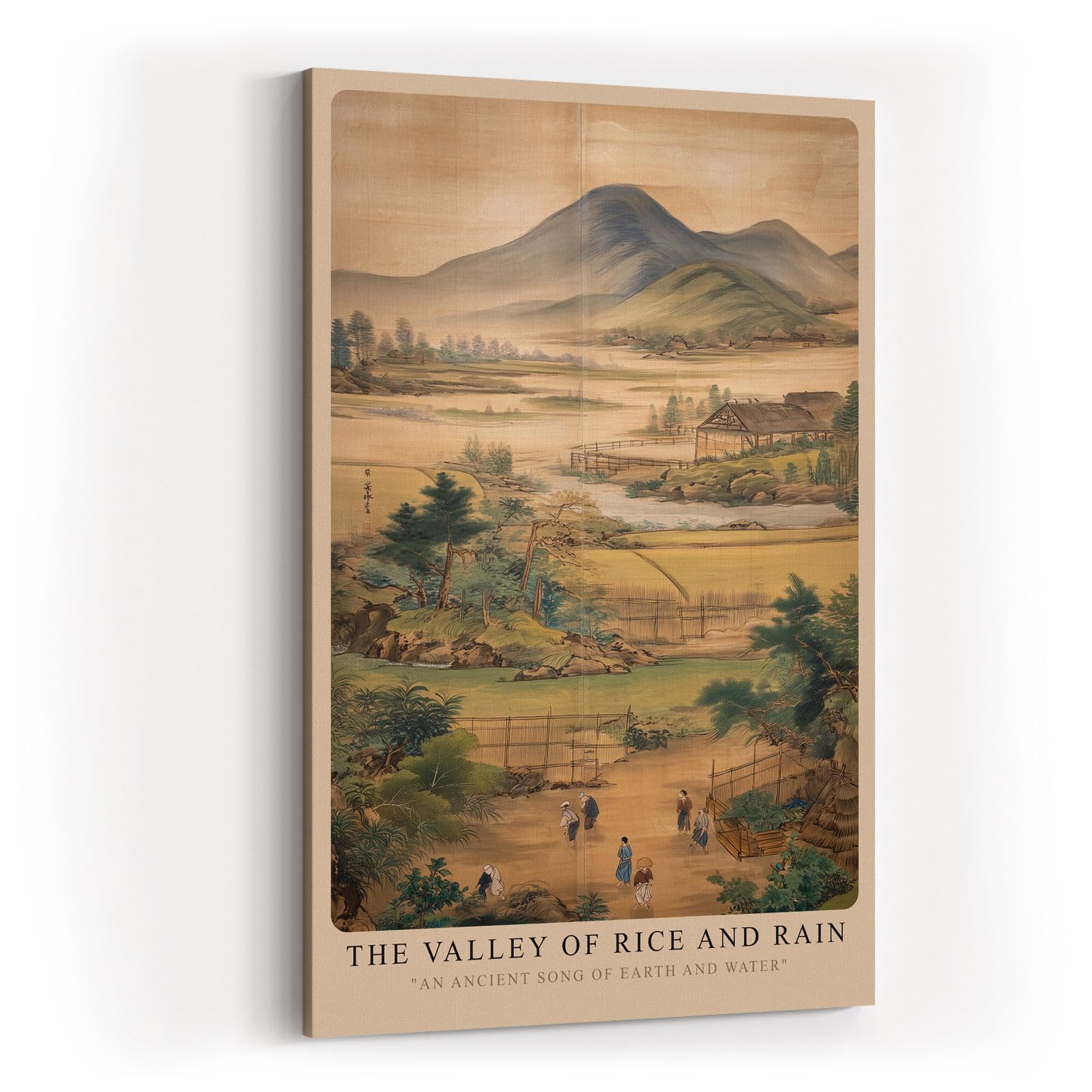 Paul Sinus Wandbild in 40x60cm The Valley of Rice and Rain – Traditionelle Landschaftsmalerei mit Reisfeldern, Bergen und Dorfszenen
