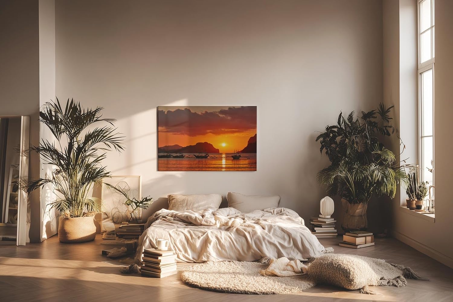 Sinus Art Wandbild 120x80cm Stimmungsvolles Sonnenuntergangs-Motiv mit Fischerbooten vor Inselkulisse