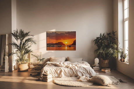 Sinus Art Wandbild 120x80cm Stimmungsvolles Sonnenuntergangs-Motiv mit Fischerbooten vor Inselkulisse
