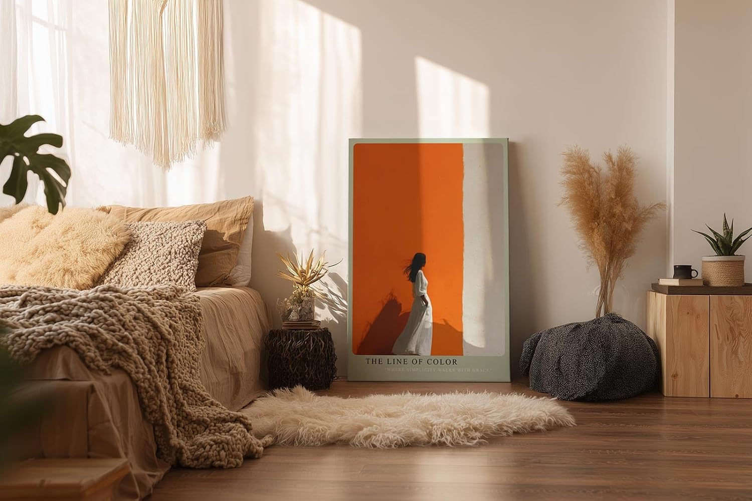 Paul Sinus Wandbild in 40x60cm Frau im weißen Kleid vor farbgetrennter Wand in Orange und Weiß