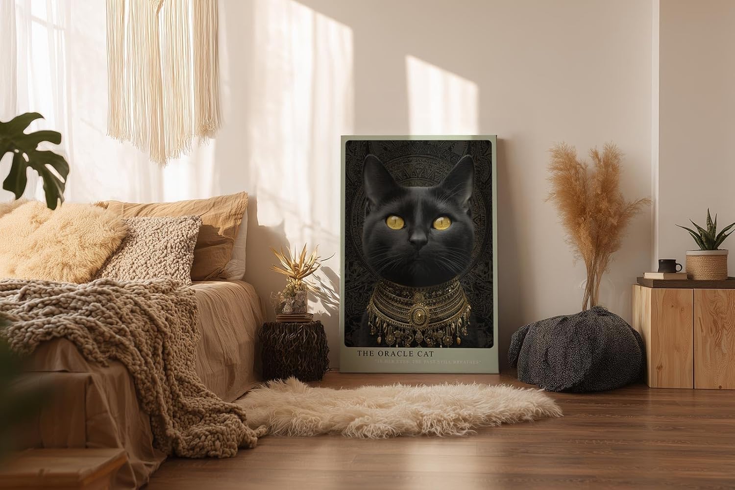 Paul Sinus Wandbild in 40x60cm The Oracle Cat mit schwarzer Katze und goldenen Augen vor ornamentalem Hintergrund für edle Wandgestaltung