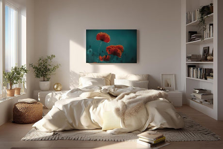 Sinus Art Wandbild 120x80cm Mohnblumen in intensivem Rot auf türkisblauem Hintergrund – modern, kraftvoll, reduziert