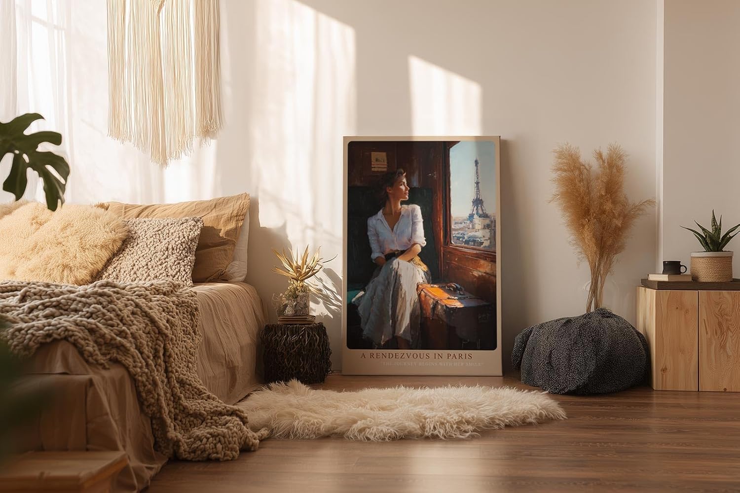 Paul Sinus Wandbild in 40x60cm A Rendezvous in Paris – Frau im Zug mit Blick auf den Eiffelturm, romantische Stadtszene im warmen Licht