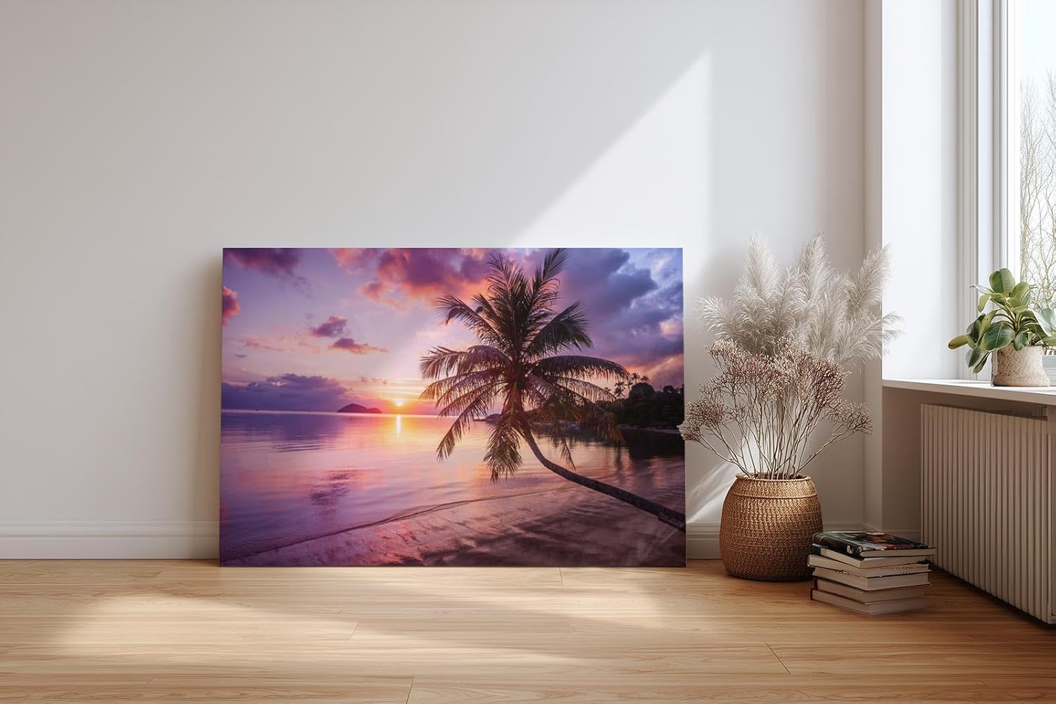 Sinus Art Wandbild 120x80cm Strandmotiv mit Sonnenuntergang und Palme vermittelt Urlaubsstimmung und Harmonie