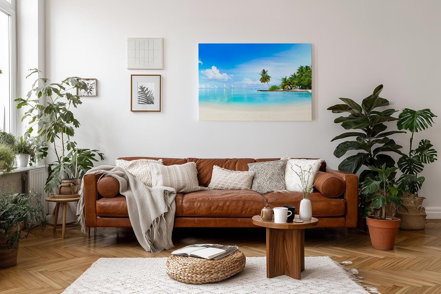 Sinus Art Wandbild 120x80cm Tropische Insel mit Palmen und weißem Sandstrand für entspannende Raumwirkung