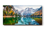 Sinus Art Wandbild 120x80cm Bunt gefärbte Herbstbäume spiegeln sich im ruhigen Bergsee vor alpiner Kulisse