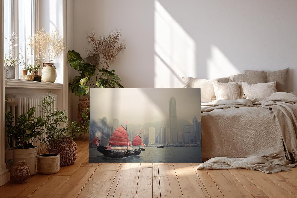 Sinus Art Wandbild 120x80cm Die rote Dschunke bildet einen spannenden Kontrast zur modernen Skyline im Hintergrund