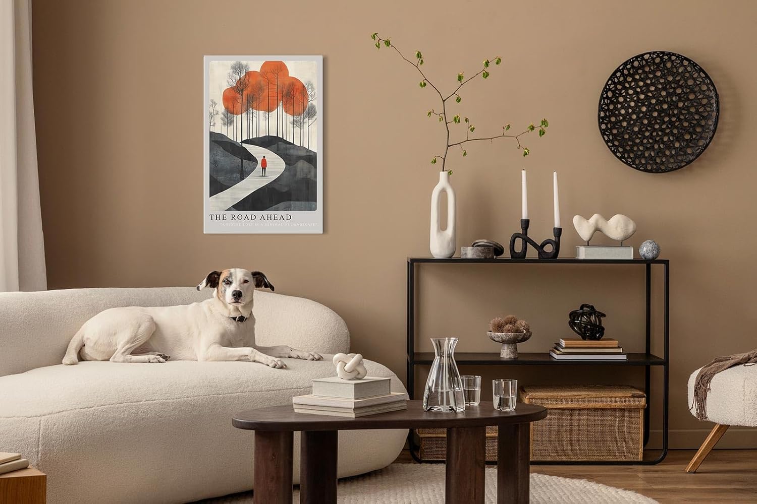 Paul Sinus Leinwandbild 40x60cm The Road Ahead Leinwandbild minimalistisches Landschaftsbild mit Figur im roten Mantel faszinierende Symbolik