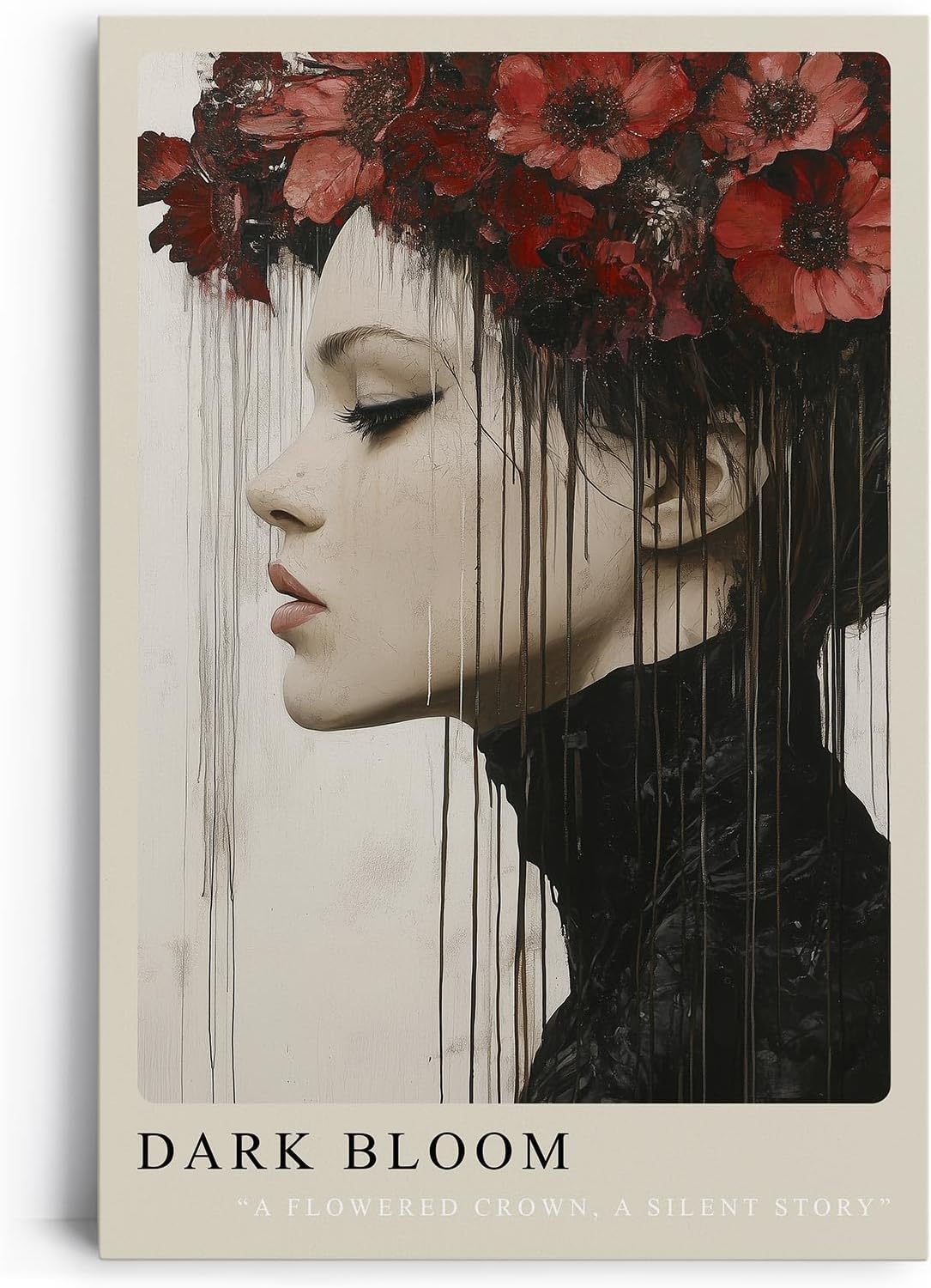 Paul Sinus Leinwandbild 40x60cm Dark Bloom elegantes Porträt mit roter Blütenkrone mystisch surreal ausdrucksstark melancholisch dunkle Ästhetik