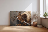 Sinus Art Wandbild 120x80cm Kaffeebohnen in Metallschaufel neben Jutesack auf dunklem Untergrund für authentisches Ambiente