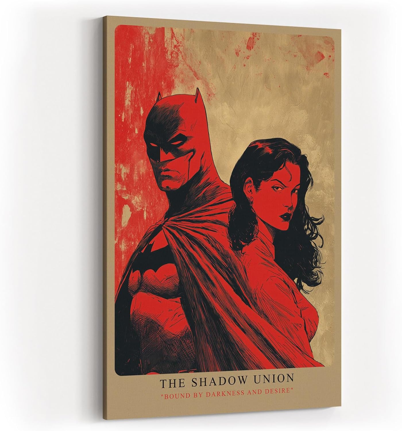 Paul Sinus Wandbild in 40x60cm The Shadow Union – Batman und mysteriöse Frau in intensiver roter Komposition, ausdrucksstarkes Pop-Art-Design für moderne Räume