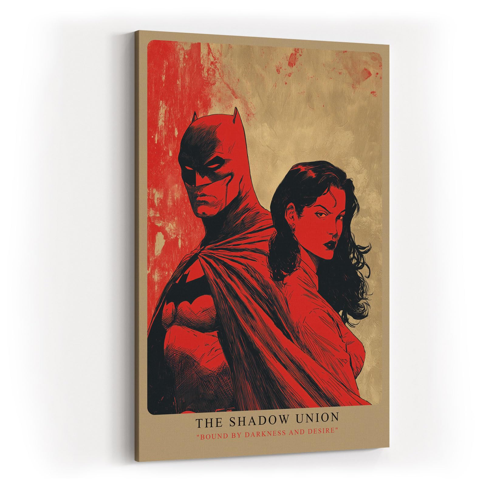 Paul Sinus Wandbild in 40x60cm The Shadow Union – Batman und mysteriöse Frau in intensiver roter Komposition, ausdrucksstarkes Pop-Art-Design für moderne Räume