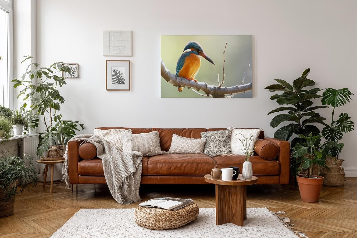 Sinus Art Wandbild 120x80cm Detailreiche Aufnahme eines Eisvogels mit blauen und orangefarbenen Federn in ruhiger Pose