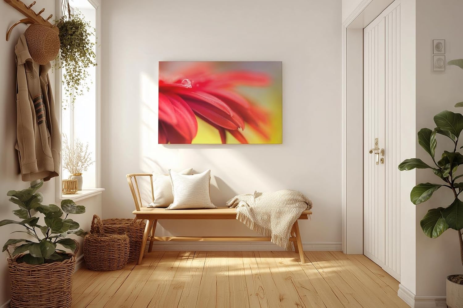 Sinus Art Wandbild 120x80cm Detailreiche Nahaufnahme roter Blütenblätter mit glitzerndem Tautropfen