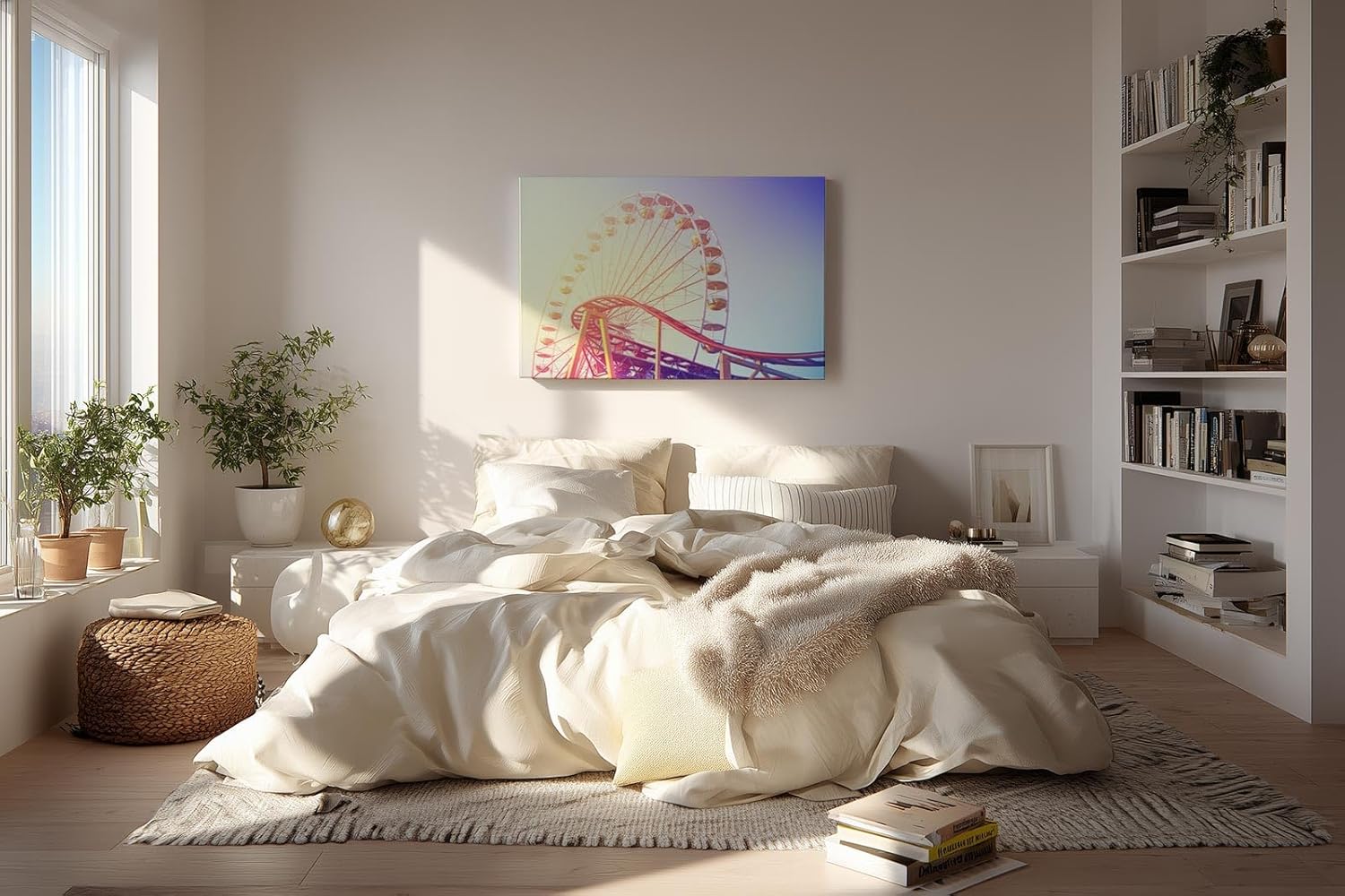 Sinus Art Wandbild 120x80cm Farbenfrohes Riesenrad mit Achterbahn im Vordergrund für nostalgische Dynamik
